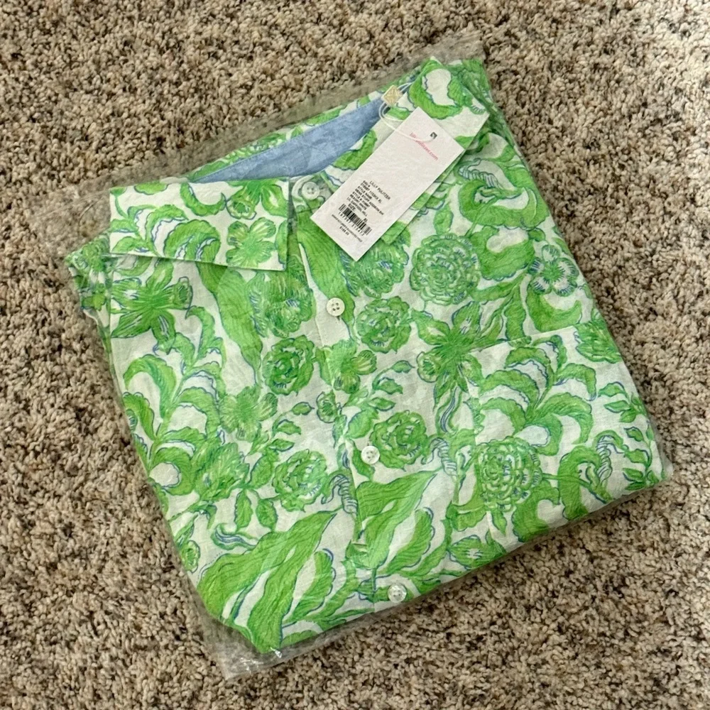 Lilly Pulitzer Men's Stuff Addison Linen Shirt Resort White Lil Daffodil Hill XL - Picture 3 of 5